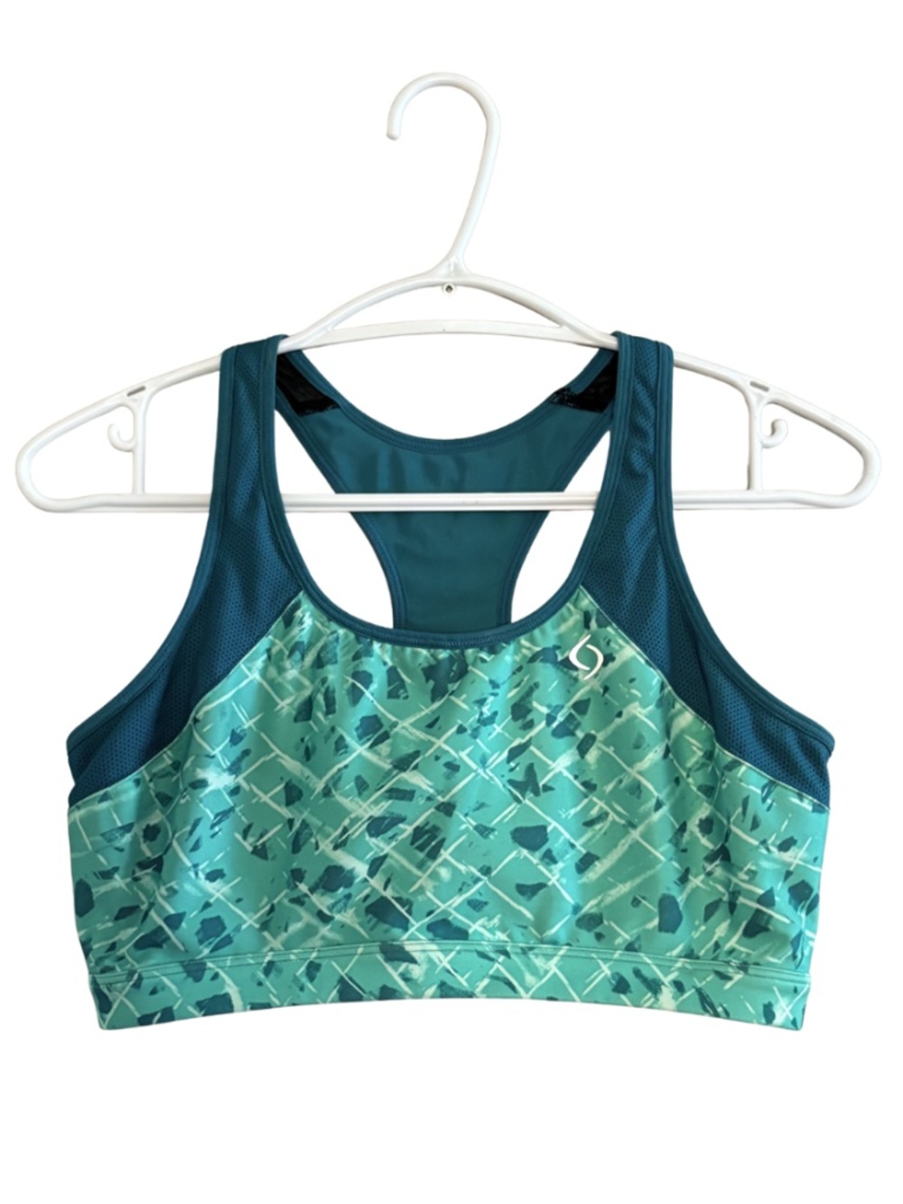 4/$20➡️ Moving Comfort Teal Abstract Print Racerback Sports Bra – Size Large GUC